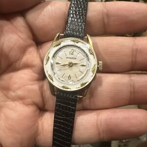 Working Vintage Manson Ladies‎ Swiss Mechanical Watch 25mm Black New Strap Fit 7